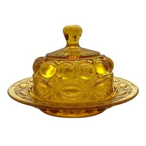 Vintage L.G. Wright Eye Winker amber glass covered butter plate dish